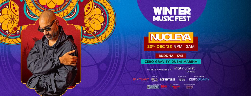 Image of Nucleya performing: "Nucleya electrifying the crowd at Dubai's Winter Music Fest 2023."
