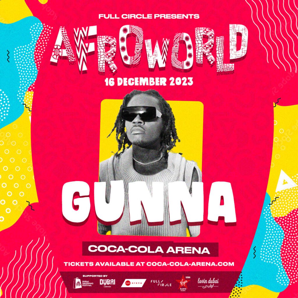 Image of Gunna performing: "Gunna, chart-topping artist, performing live at AFROWORLD 2023 in Dubai."