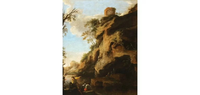 Recovered 17th-century Salvator Rosa painting "A Rocky Coast, with Soldiers Studying a Plan" being returned to the Christ Church Picture Gallery.